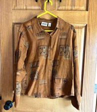 Orange Jacket Chicos Size 2 Silk Linen Print Geometric Design Snaps Collar