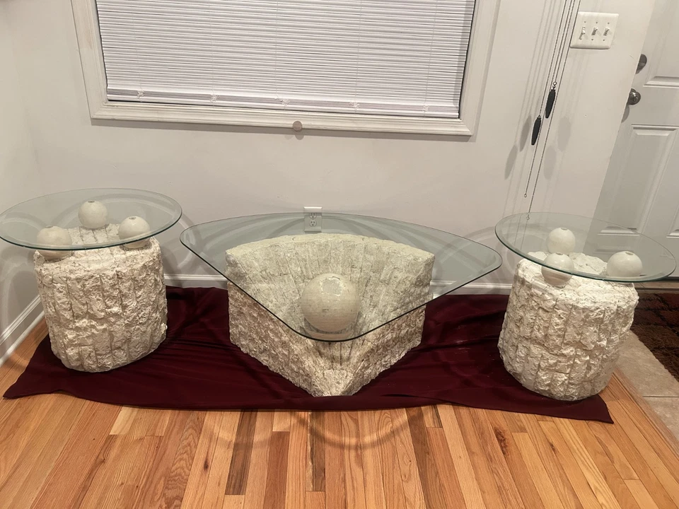 Postmodern Tessellated Stone/Glass Coffee & End Table Set IMPERFECTIONS Local! - Image 2 of 4