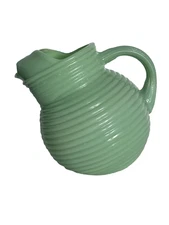 Jadeite Green Milk Glass Tilted Pitcher Manhattan Style Horizontal Rib Stripes
