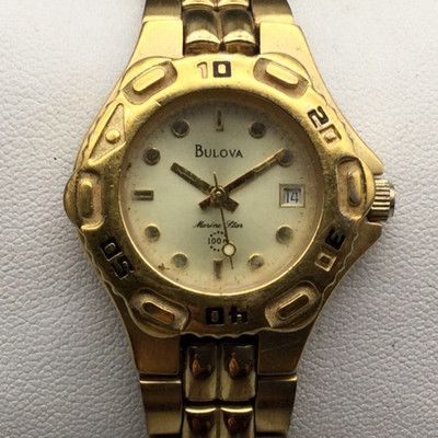Bulova Marine Star Watch Womens 28mm Gold Tone Date 100M New Battery 7''