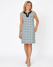 Talbots NEW Linen Blend Sleeveless Geometric Teal navy blue Shift Dress sz 10