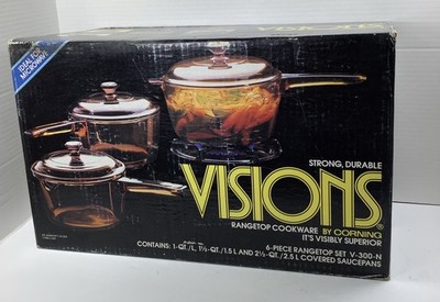 Vintage 1986 Visions by Corning 6 Piece Rangetop Cookware Set V-300-N Sealed NOS