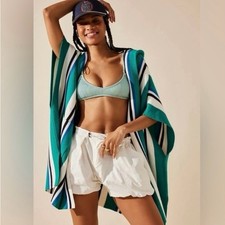 Free People All I Need Teal and White Hooded Poncho One Size