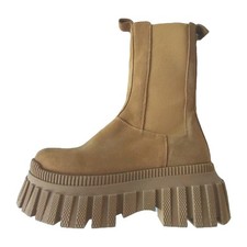 ASOS Womens Suede Boots UK 5 Tan New Flatform Quad Round Toe Mid Shin Chelsea