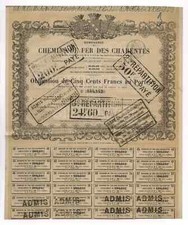 Chemins de Fer des Charentes &ndash; 3% Anleihe, 500 Francs, 1868 &ndash; &uuml;ber 150 Jahre alt