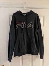 Fila Men Black Hoodie Pullover Cotton Sweatshirt Sweater Size Large