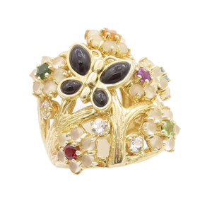 Authentic 925 Sterling Silver Vintage Ring Gold Plated Floral Inlay Gemstone Sz 7 RG29078