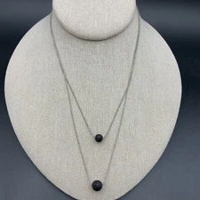 Dainty Lava Rock Beaded Pendant Necklace Layered Silver Tone Volcano Stone Boho