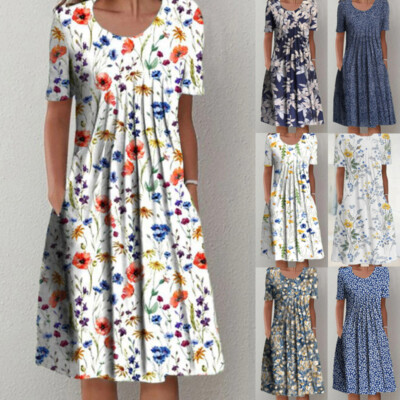 Womens Floral Short Sleeve Midi Dress Ladies Casual Summer Pleated Holiday Dress