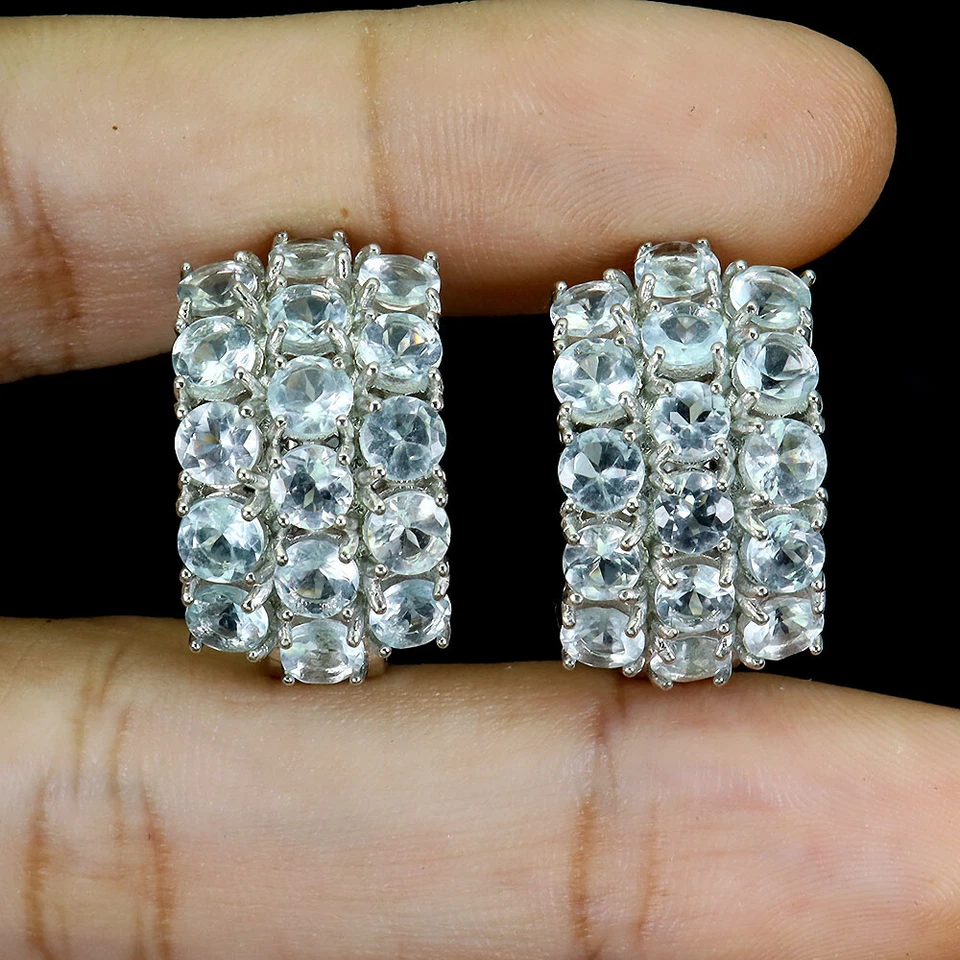 925 Orecchini Argento Sterling Rotondo Acquamarina 4mm Naturale Gemma Gioiello - Immagine 2 di 4