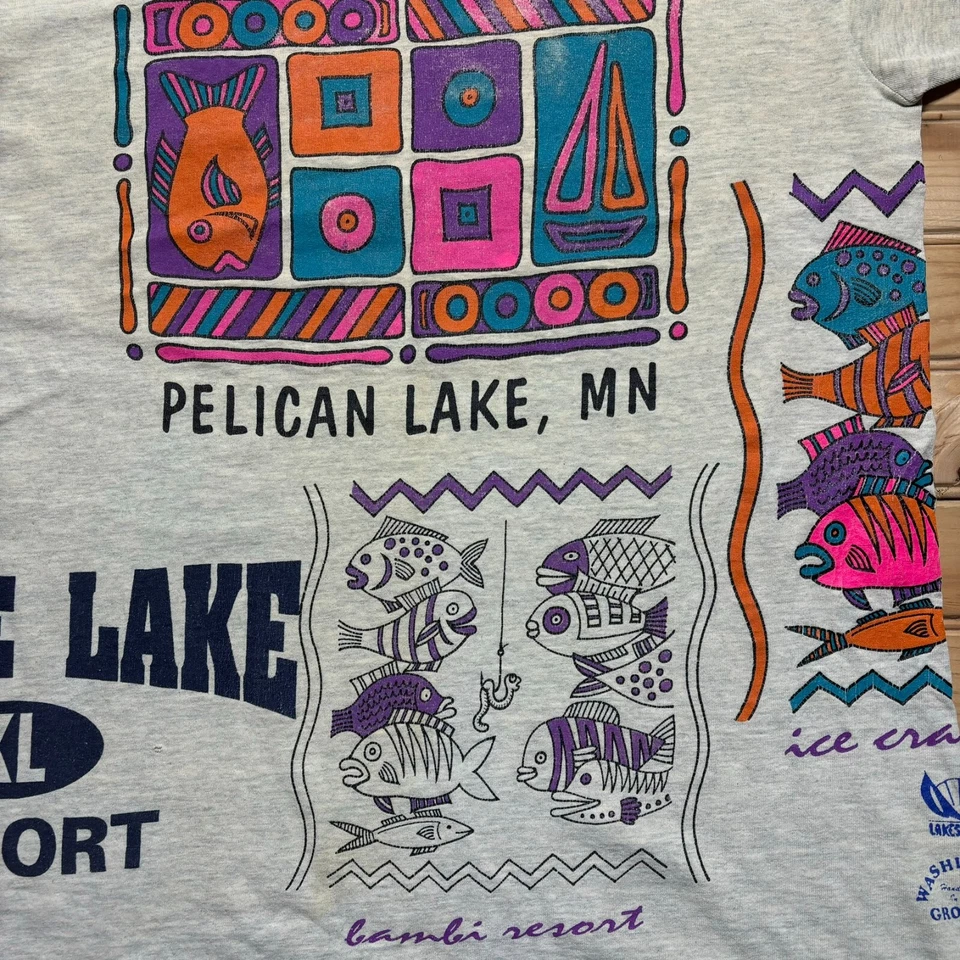 Vintage 90s USA Body Building Stock Pelican Lake Test Print AOP Shirt Size Large - Image 2 of 4