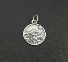 Handmade Sterling Silver Ocean Wave and Sun Small Round Charm Pendant Unique