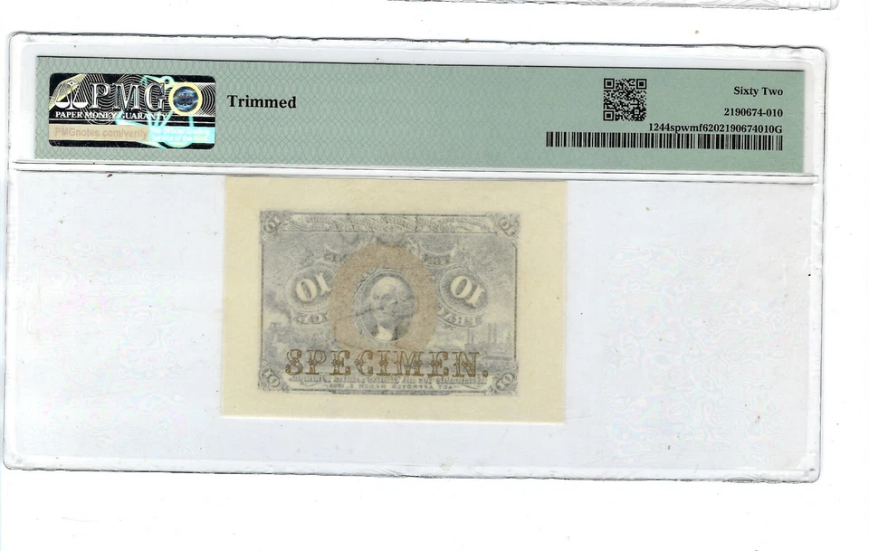 U.S. 1864-69 10 CENTS FRACTIONAL CURRENCY FR-1244 SPWMF PMG  62 Specimen - Image 2 of 2
