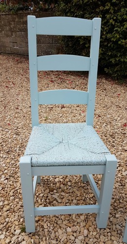 SOLID OAK LADDER BACK RUSH SEAT DINING CHAIRS ICE BLUE BY PAINT&PAPER LIBRARY - Picture 3 of 4