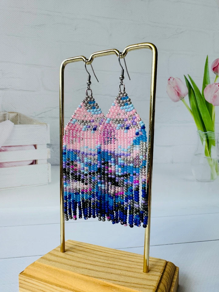 Pendientes Abstractos Cuentas con Flecos, Pendientes Artísticos Largos Cuelgantes Semilla Cuentas Foto 2 de 4