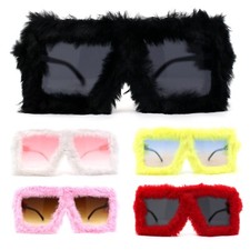Womens Funky Fur Covered Squared Rectangle Oversize Sunglasses