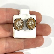 small vintage italian  hand carved  shell cameo stud earrings with flowers decor