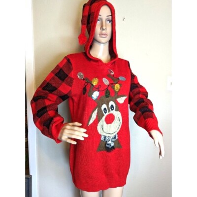 Christmas Sweater Dress XL Red Black Buffalo Plaid Reindeer No Boundaries  Hoodie | eBay
