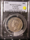 1950  CANADA  SILVER  50  CENTS...PCGS  GENUINE   CLEANED ...NO  DESIGN — photo 1