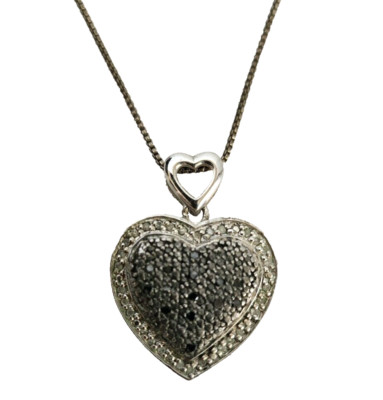 17'' Black & White Stones Heart Sterling Silver Pendant Necklace