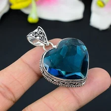 Indicolite Tourmaline Gemstone 925 Sterling Silver Handmade Pendant Gift 1.8in"