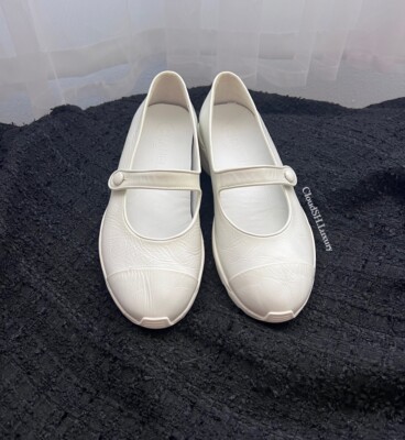 Auth Chanel G34464 White Leather Mary Janes Sneaker Shoes