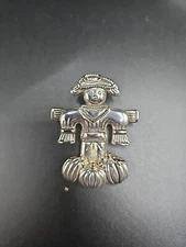 Silvertone Scarecrow With 3 Pumpkins Brooch Or Necklace Pendant - Signed MJ