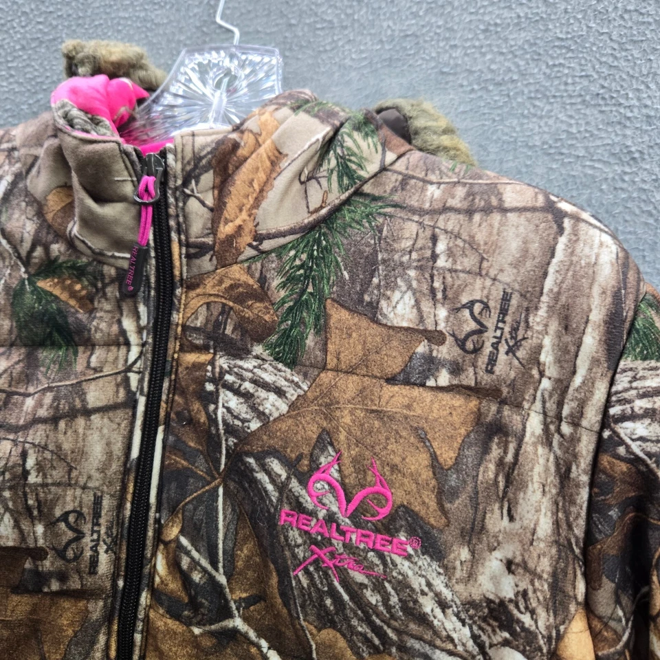 Jaqueta Realtree Feminina XL Marrom Camuflagem Capuz Zíper Completo Bolsos Pele Sintética - Imagem 4 de 4