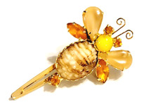 Stone Glass Bee Hair Barrette Amber Cream Yellow Vintage Rhinestone acc-