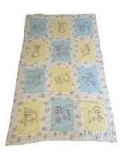 Vintage Handmade Embroidered Baby Quilt Pastel Animals Crib Nursery