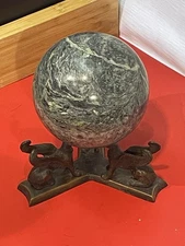 Vintage Granite Marble Polished Orb Sphere Globe Ball On Bronze Griffin Base