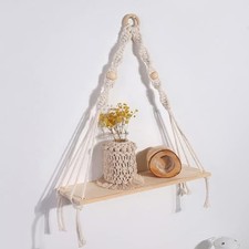 Macrame Wall Hanging Shelf - Boho Wood Wall Shelves with Wood Beige Shelf