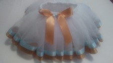 Girls white tutu skirt with gold and blue satin ribbon and bow. Handmade. 427