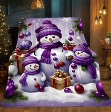 Purple Snowmen Group Flannel Blanket - Christmas Cozy Throw Blanket 60*80''