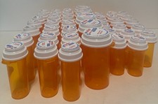 Lot of 45 EMPTY PILL BOTTLES Amber/Orange 3 Sizes Reversible Lids Crafts Storage