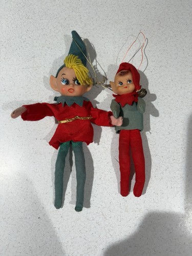 Vintage 2 Knee Hugger Elves Christmas Elf Pixie Ornament 8” & 6”