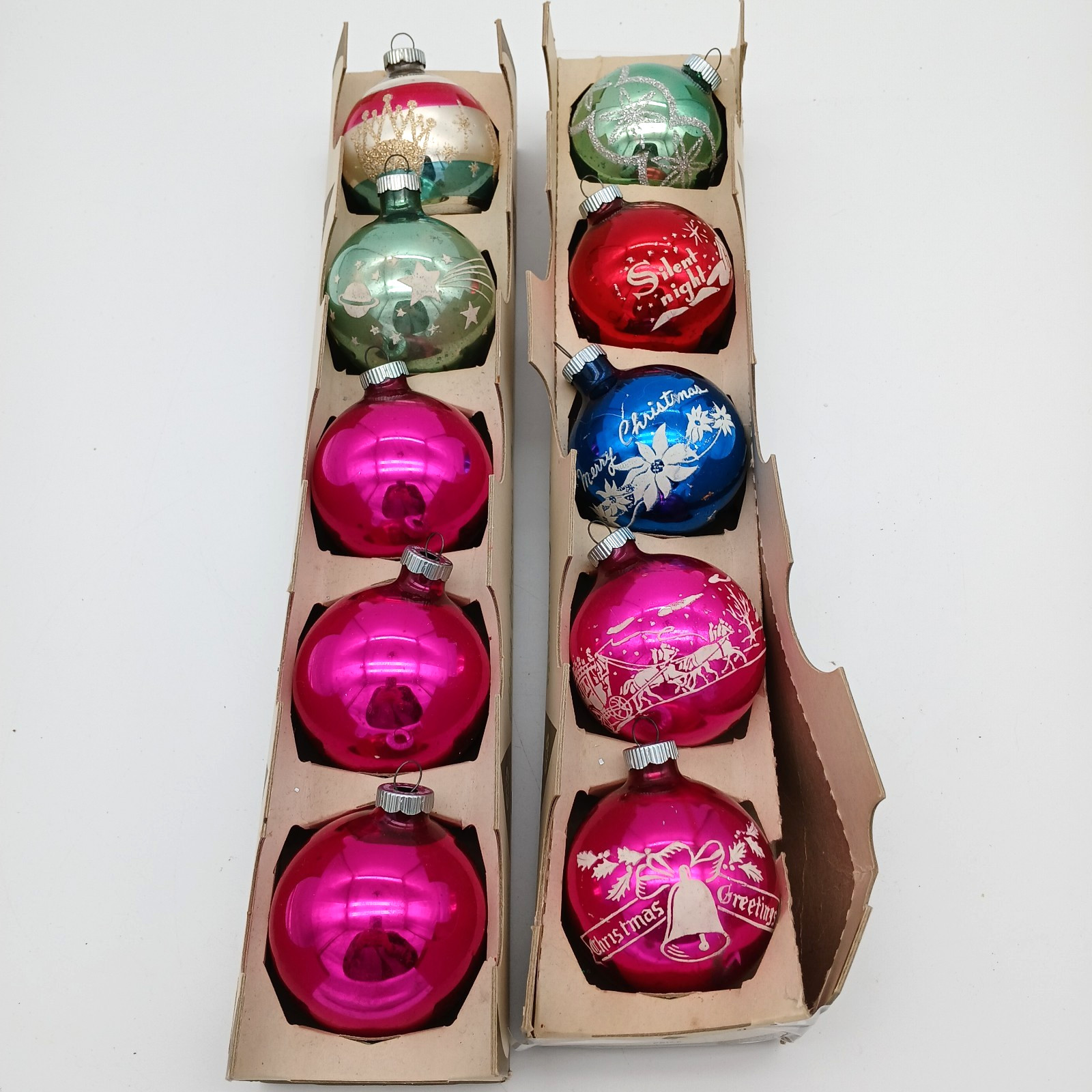 10 Vintage SHINY BRITE Glitter Mica Christmas Ornaments 2 5/8" Original Box