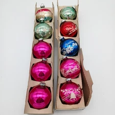 10 Vintage SHINY BRITE Glitter Mica Christmas Ornaments 2 5/8" Original Box