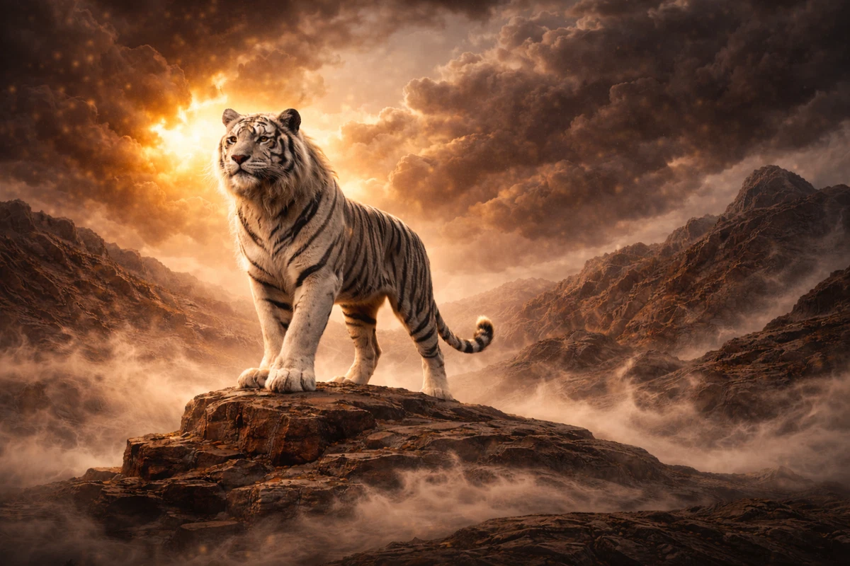 White Tiger Wall Art | Download Majestic Wildlife Sunset Poster For Home Decor