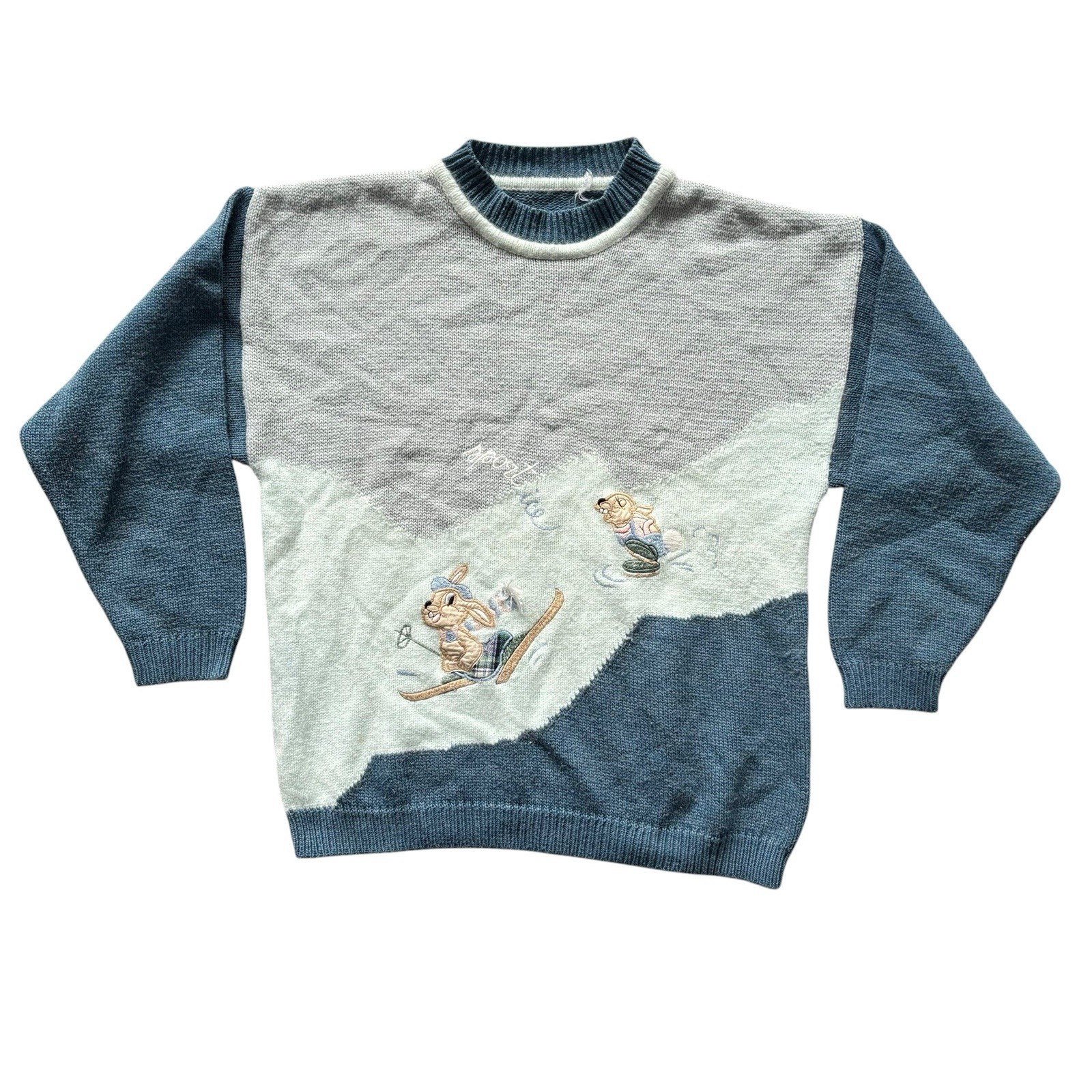 Vintage 80s Womens Jumper Rabbit Themed Blue Novelty Cartoon Retro Indie Boho 14 image 2