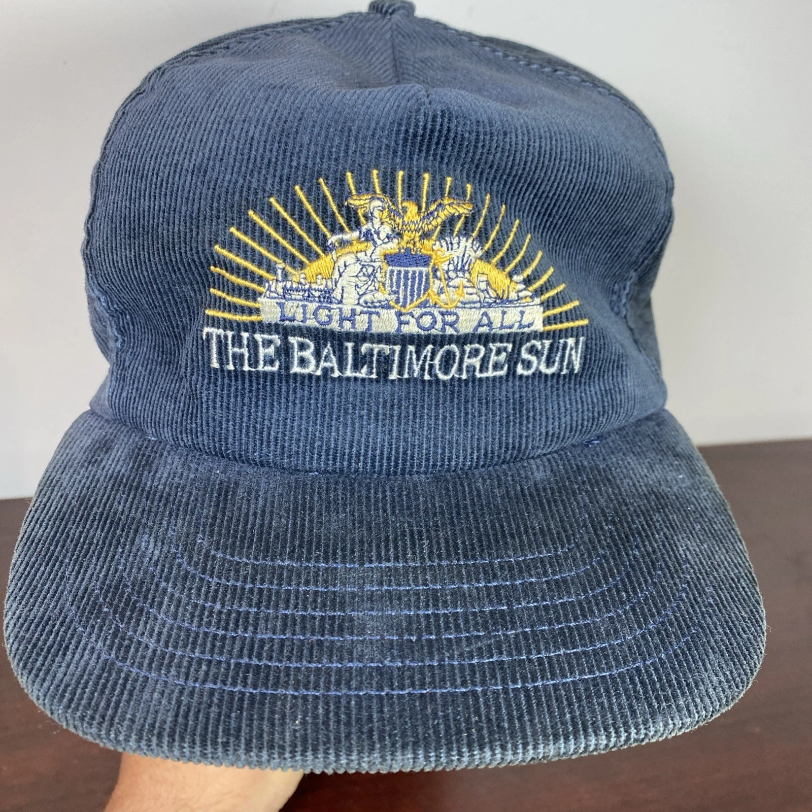 The BALTIMORE SUN Newspaper Light For All Vtg CORDUROY Trucker Snapback Cap RARE
