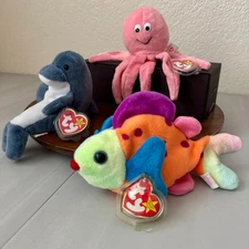 Ty Beanie Babies Lot of 3 NWT Lips the Fish, Inky the Octopus, Echo the Dolphin