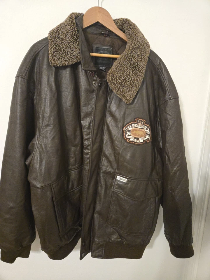 ECKO Unltd Leather Bomber Jacket 4XL Brown Urban Patch Work Y2K Hip Hop Moto - Image 2 of 4