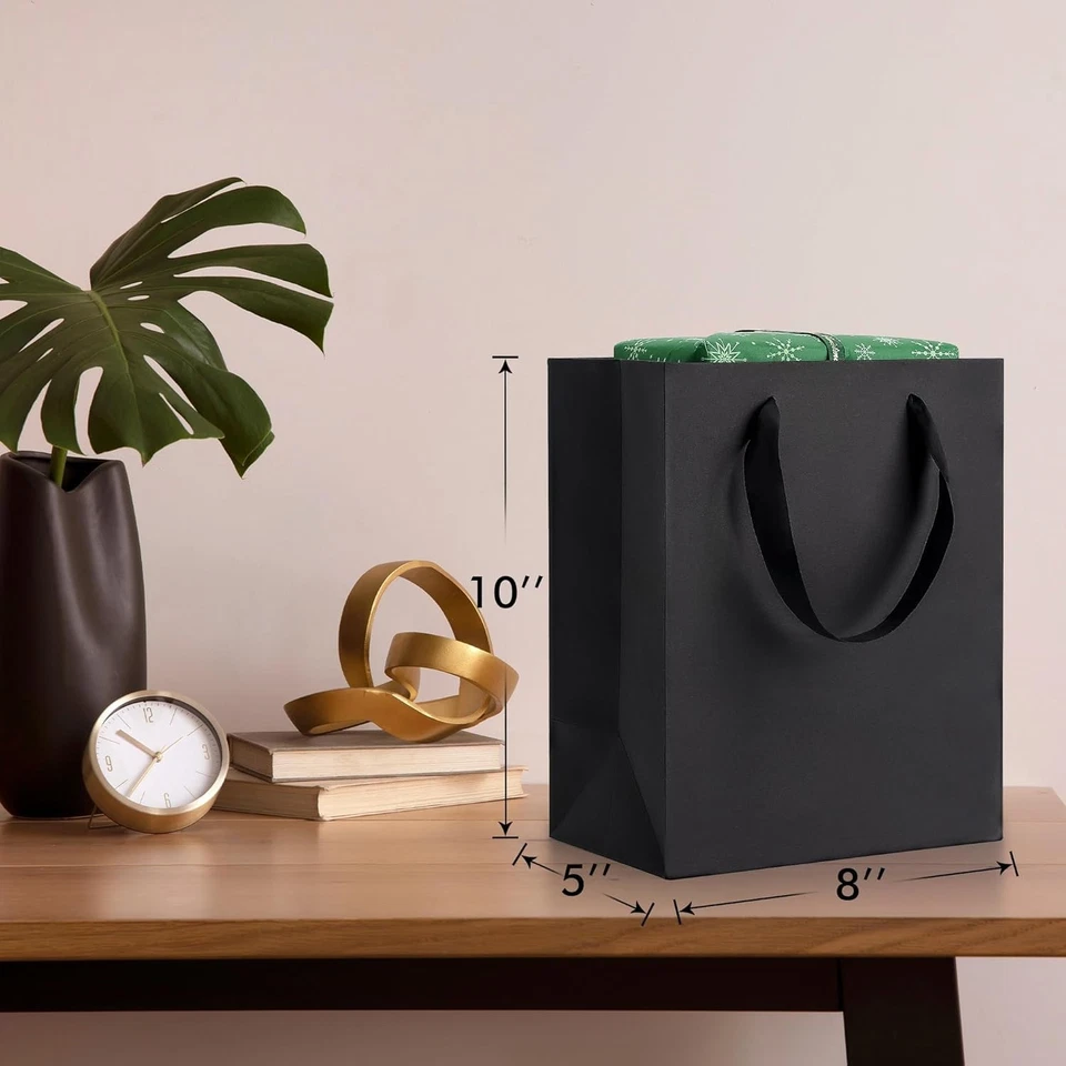 Bolsas de regalo negras con asas: paquete de 50 bolsas de papel medianas de 8x5x10 pulgadas a granel para... Foto 2 de 4