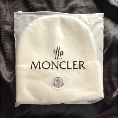 Moncler White Knit Beanie Ski Winter Hat Logo Unisex Adults