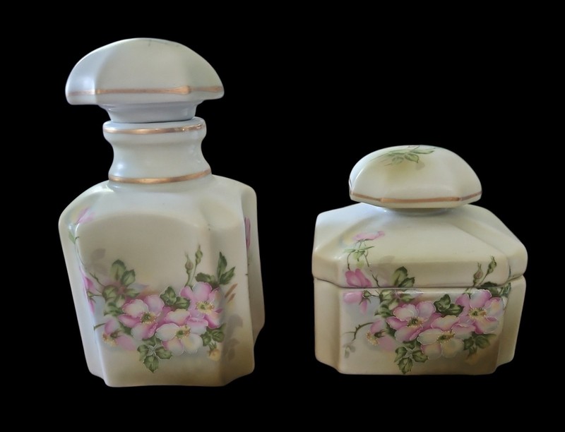  2 PC Vintage Nippon Vanity Set Perfume Bottle & Powder Jar