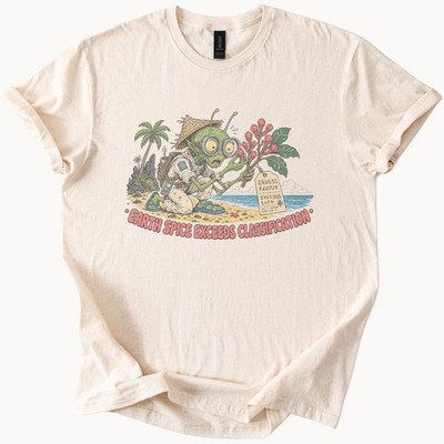 Alien Botanist Beach Graphic Tee Vintage Cartoon Style Natural
