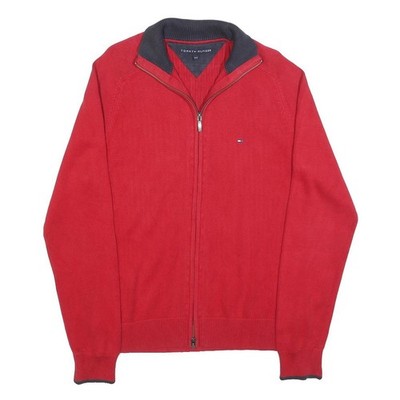 TOMMY HILFIGER Herren Pullover rot Reißverschluss uni Rundhals Basic Strick S Baumwolle