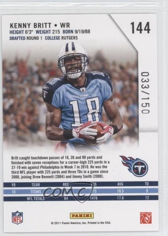 2011 Panini Rookies & Stars Longevity Ruby /150 Kenny Britt #144 - Image 2 of 2