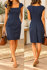 Tory Burch Women’s Navy Square Neck Pleated Sheath Dress Cap Sleeve Size 2